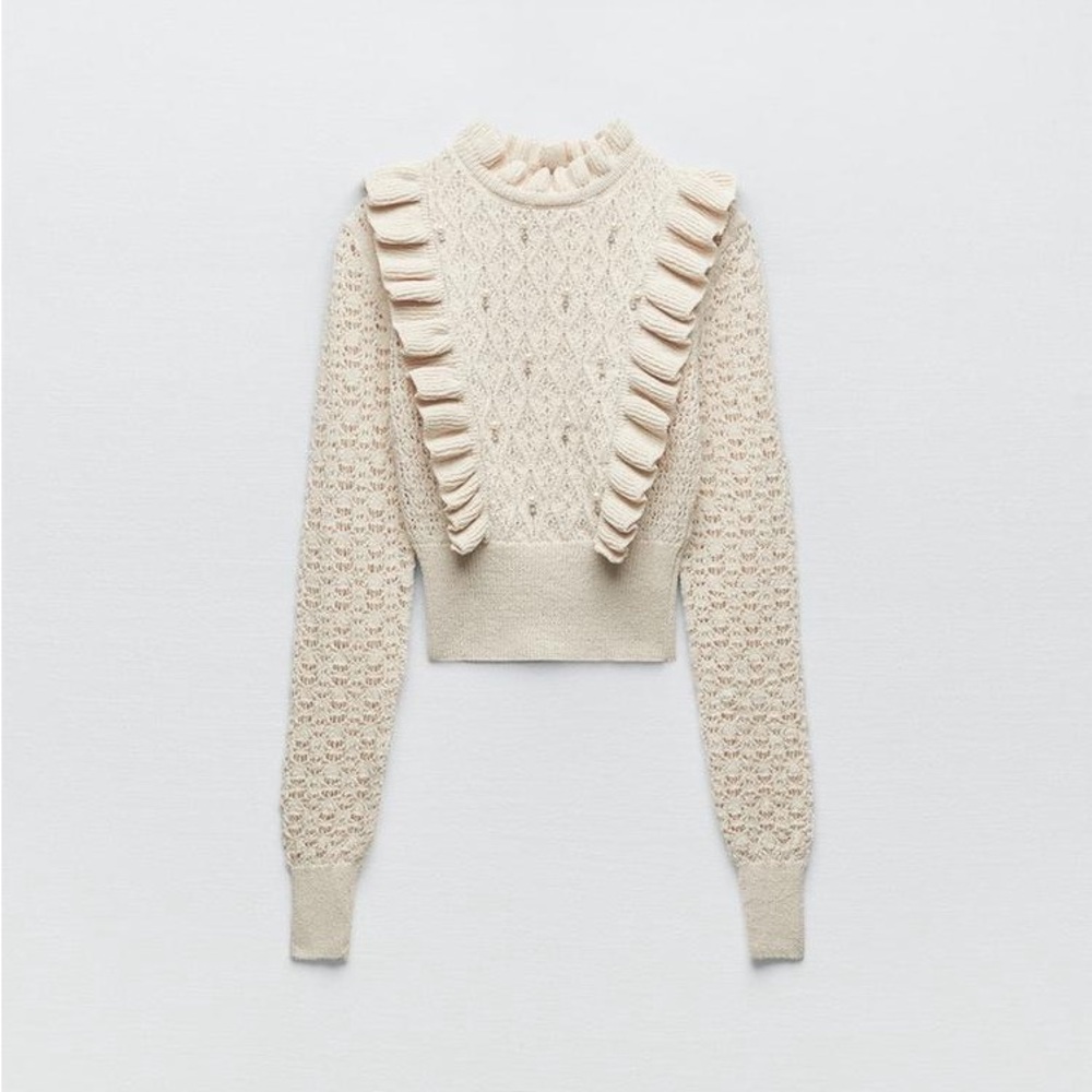 Zara RUFFLED KNIT PEARL SWEATER Ecru